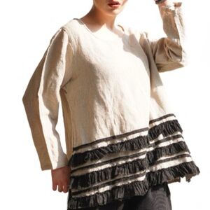 Chic Beige linen Top with Black Fringe